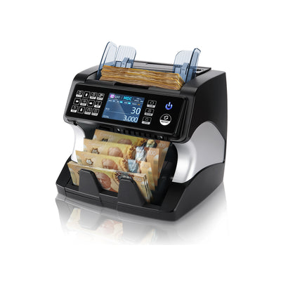 Black MUNBYN CA IMC01X-BK-US money counter machine with digital display and counting buttons, used for cash handling.