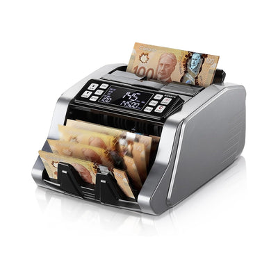 MUNBYN CA IMC20 money counter machine counting cash bills with digital display and compact design.