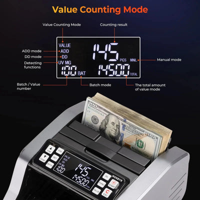 MUNBYN IMC20 money counter machine in gray with digital display and bill stacking tray, designed for quick cash counting.