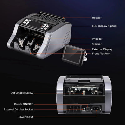 MUNBYN CA IMC20-GR-US-B1-4 money counter machine counting bills with digital display in a professional setting