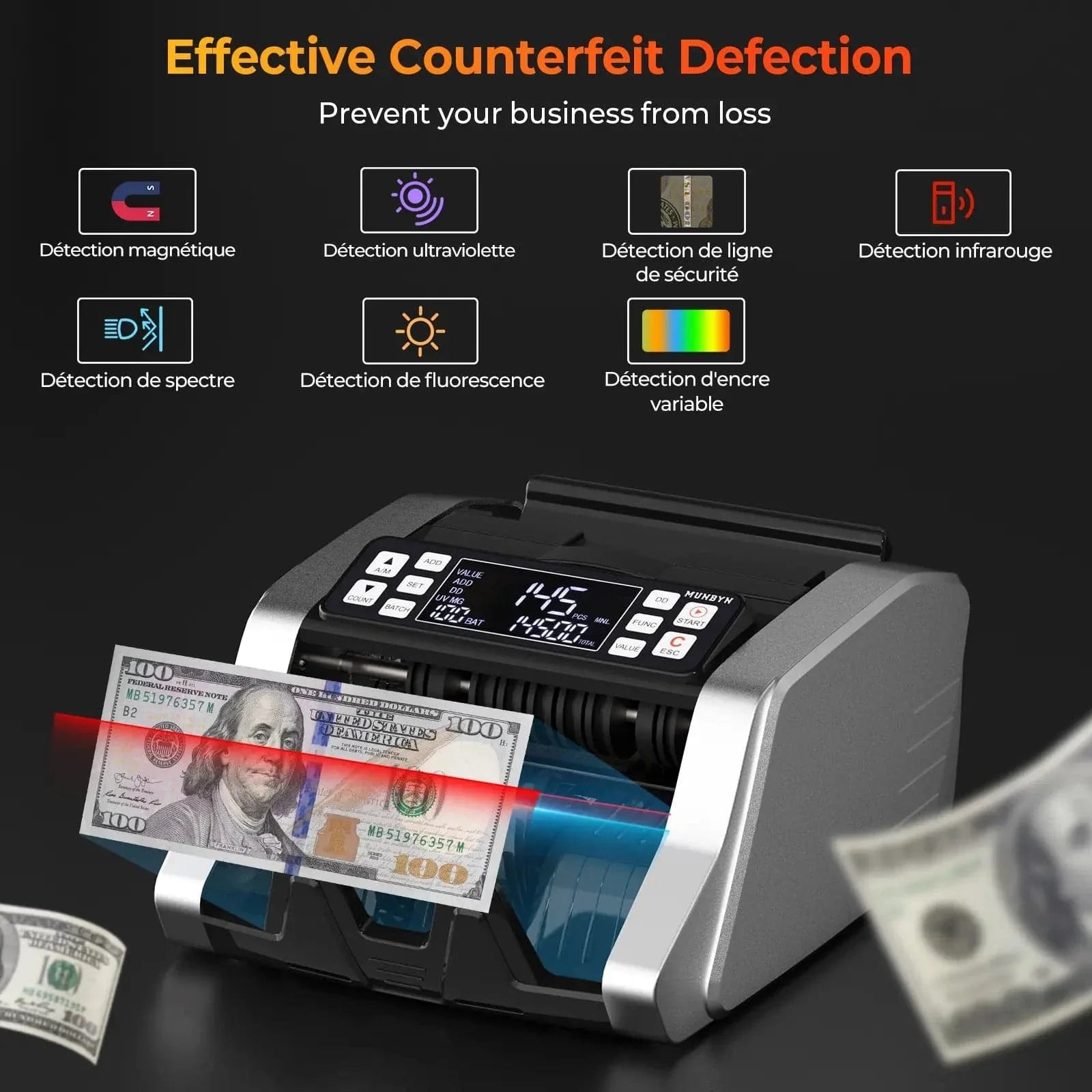 MUNBYN CA IMC20-GR-US-B1-7 money counter machine for quick cash counting with digital display and compact design