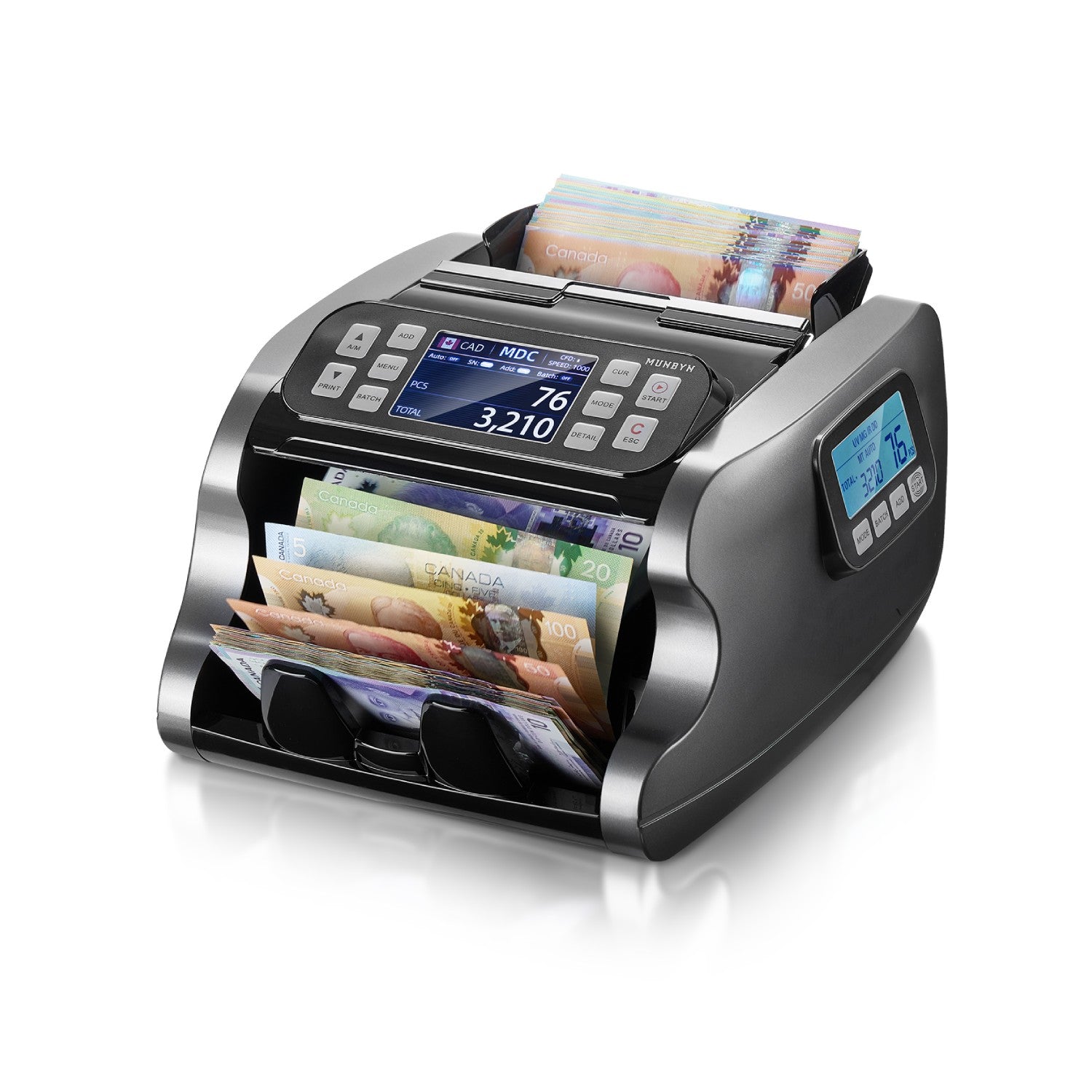 MUNBYN CA IMC22 Money Counter Machine showing bills being counted in a compact, professional currency counting device