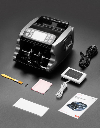 MUNBYN CA IMC22 money counter machine displaying currency counts and denominations on its digital screen.