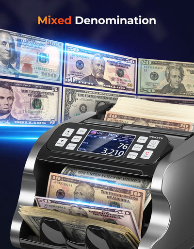 MUNBYN CA IMC22 money counter machine counting paper bills on a flat surface.