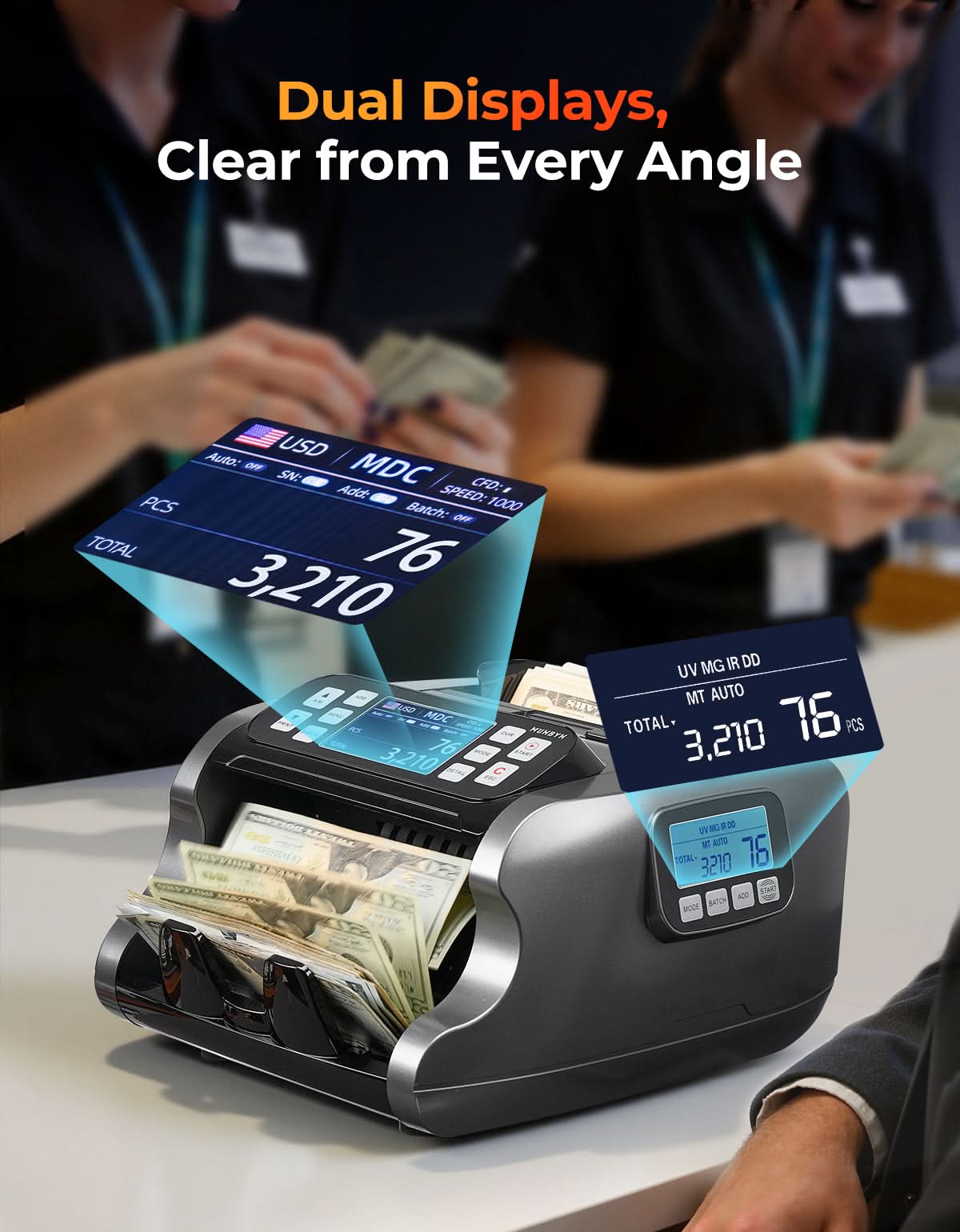 MUNBYN CA IMC22 money counter machine counting cash bills with digital display and compact design.