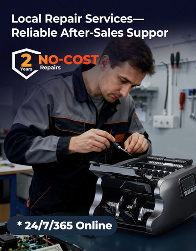 MUNBYN CA IMC22 money counter machine counting paper bills, compact cash counting device with digital display.