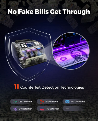 MUNBYN CA IMC22 money counter machine displaying bills being counted in a professional setting.