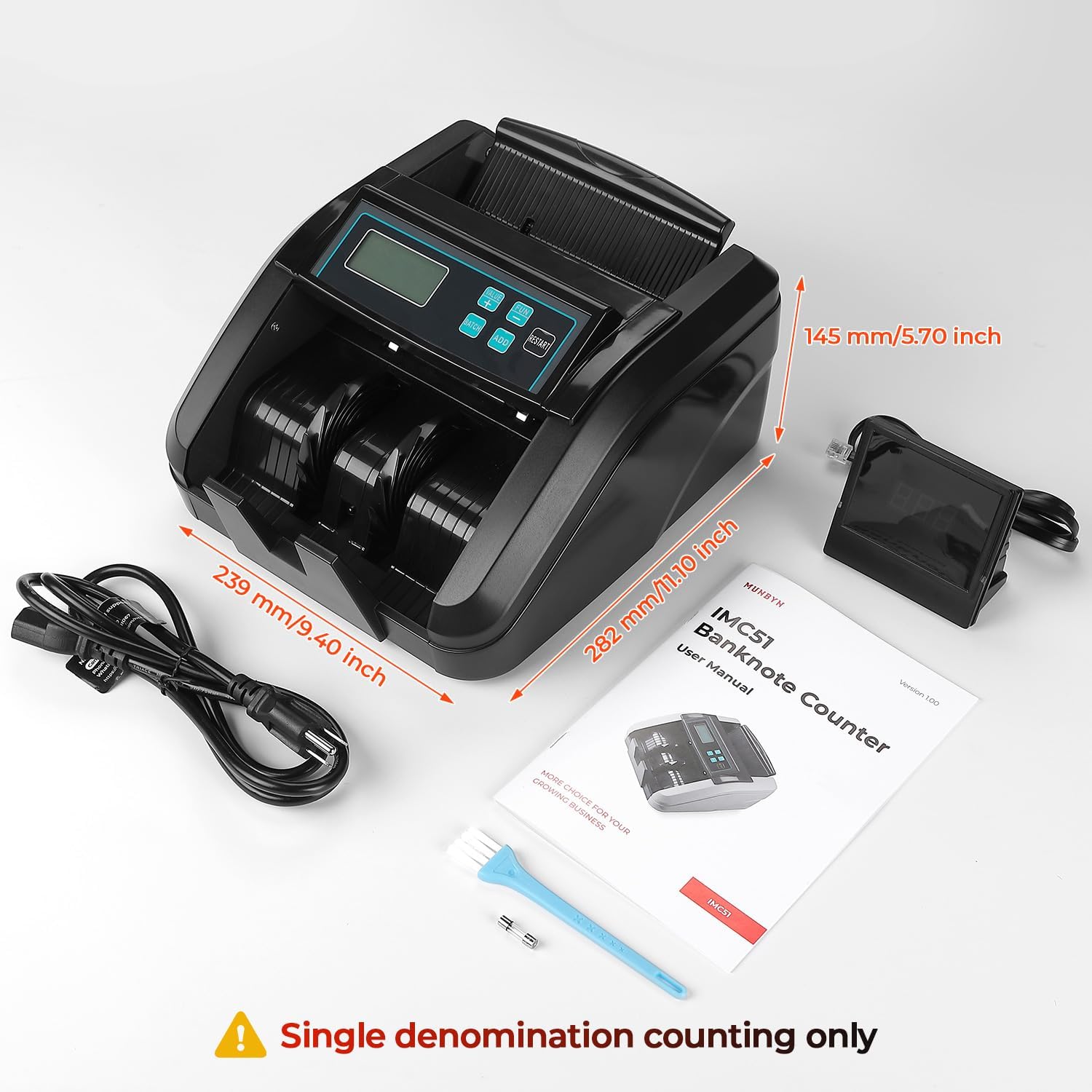 Black MUNBYN CA IMC51 Money Counter Machine with digital display and compact design, used for counting cash efficiently.