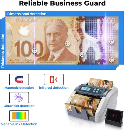 MUNBYN CA IMC51 gray money counter machine counting paper bills on a flat surface.
