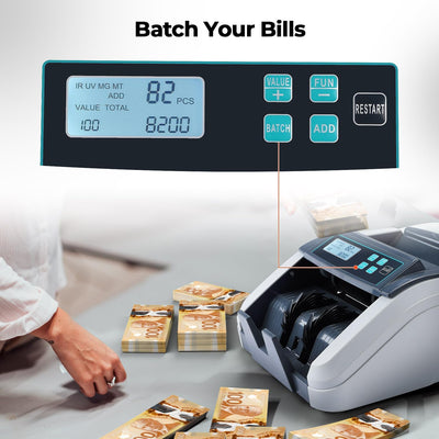 MUNBYN CA IMC51 money counter machine in gray, with digital display and compact design for efficient cash counting.