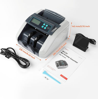 MUNBYN CA IMC51 money counter machine with gray finish, counting bills efficiently with digital display and compact design.