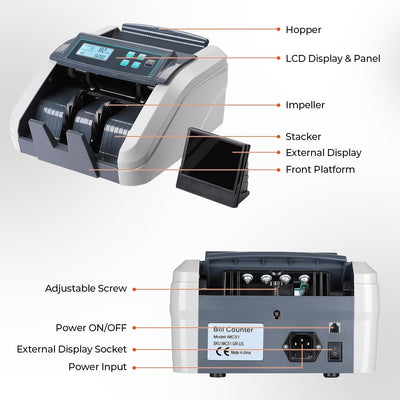 IMC51 MUNBYN CA money counter machine in gray, showing counting display and bill slot for cash counting.