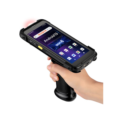 Black MUNBYN CA IPDA101P barcode scanner with ergonomic design, capturing 2D barcodes in a professional scanning environment.