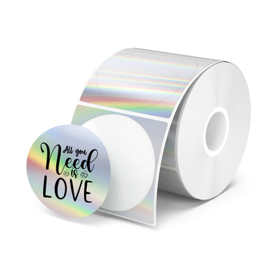Holographic silver labels printed on MUNBYN CA label printer paper with vibrant, reflective holographic design.