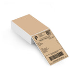 MUNBYN 4x6 inch fan-fold labels on label printer paper, ready for printing, with stacked label sheets visible.