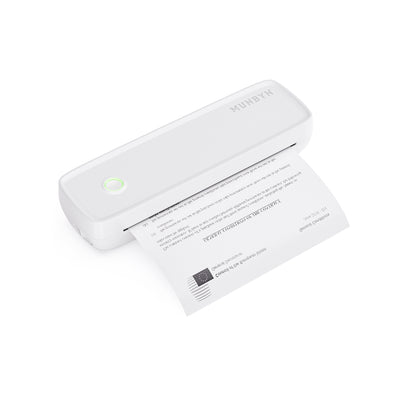 White MUNBYN CA ITP04 A4 thermal printer for high-quality printing, shown with paper loaded and ready to use.