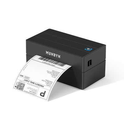 MUNBYN CA RealWriter 130B thermal label printer kit with black printer and accessories on a white background.