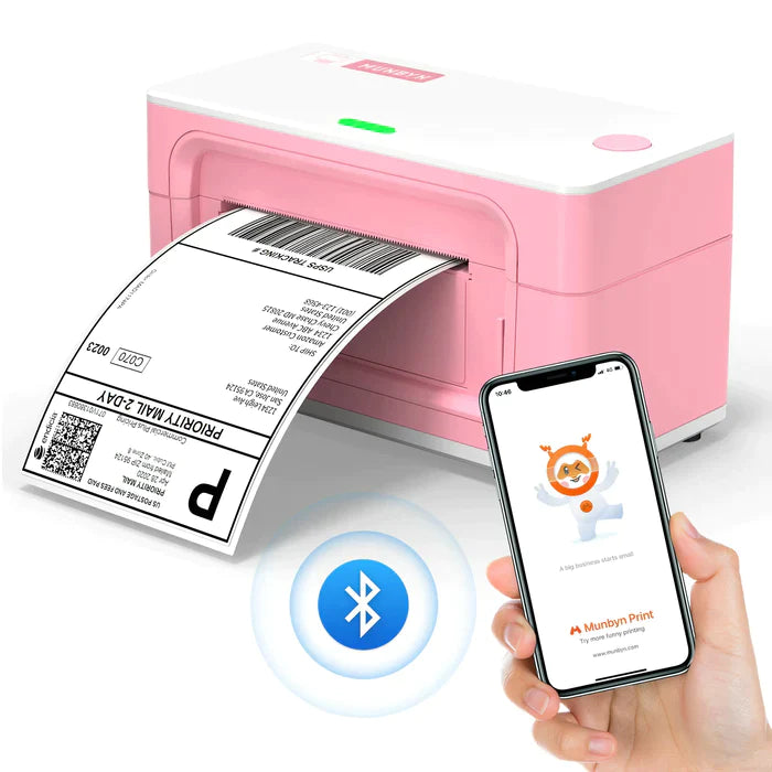 MUNBYN P941B pink thermal label maker prints labels via Bluetooth using MUNBYN Print app.