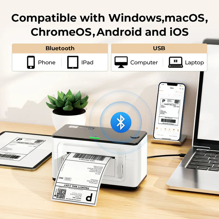 MUNBYN P941B Bluetooth-enabled printer allows seamless connectivity with smartphones and tablets, making it easy to print from any device.