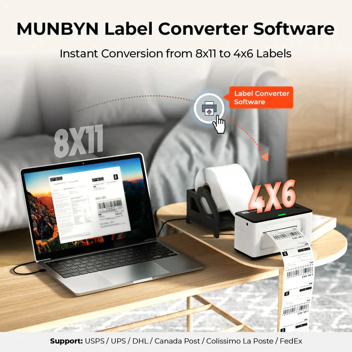 MUNBYN P941B Bluetooth printer can print USPS shipping labels in a 4x6 label format using MUNBYN Label Converter app.