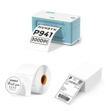 MUNBYN CA RealWriter 941BP thermal label printer kit with green labels and printer components on a white background.