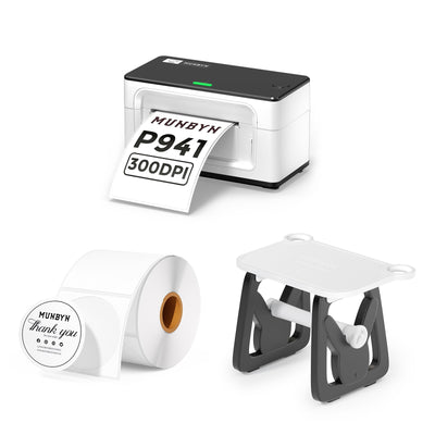 MUNBYN CA RealWriter 941BP thermal label printer kit with white printer and accessories, designed for efficient label printing.