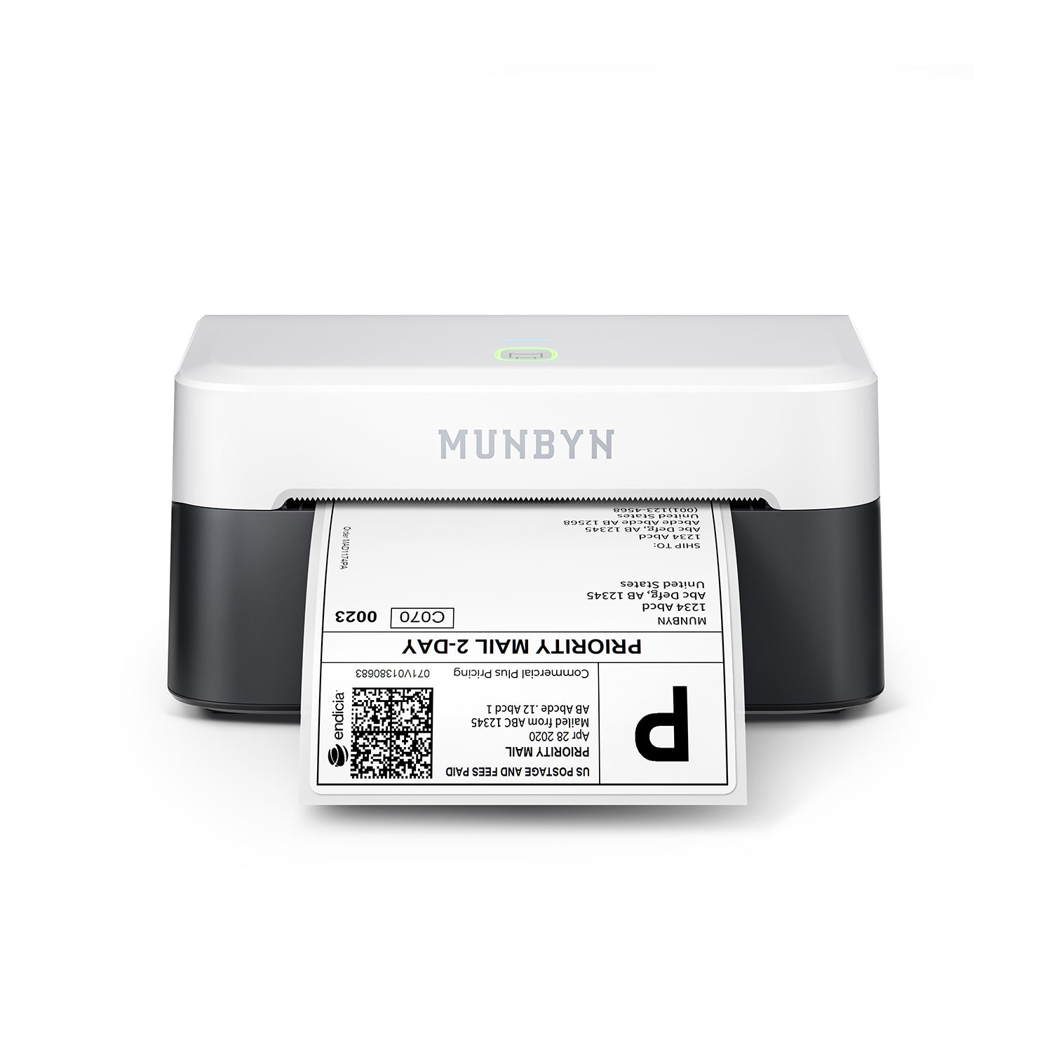 MUNBYN RealWriter 403B thermal label printer with black and white design, showing the compact device with paper roll ready for printing.