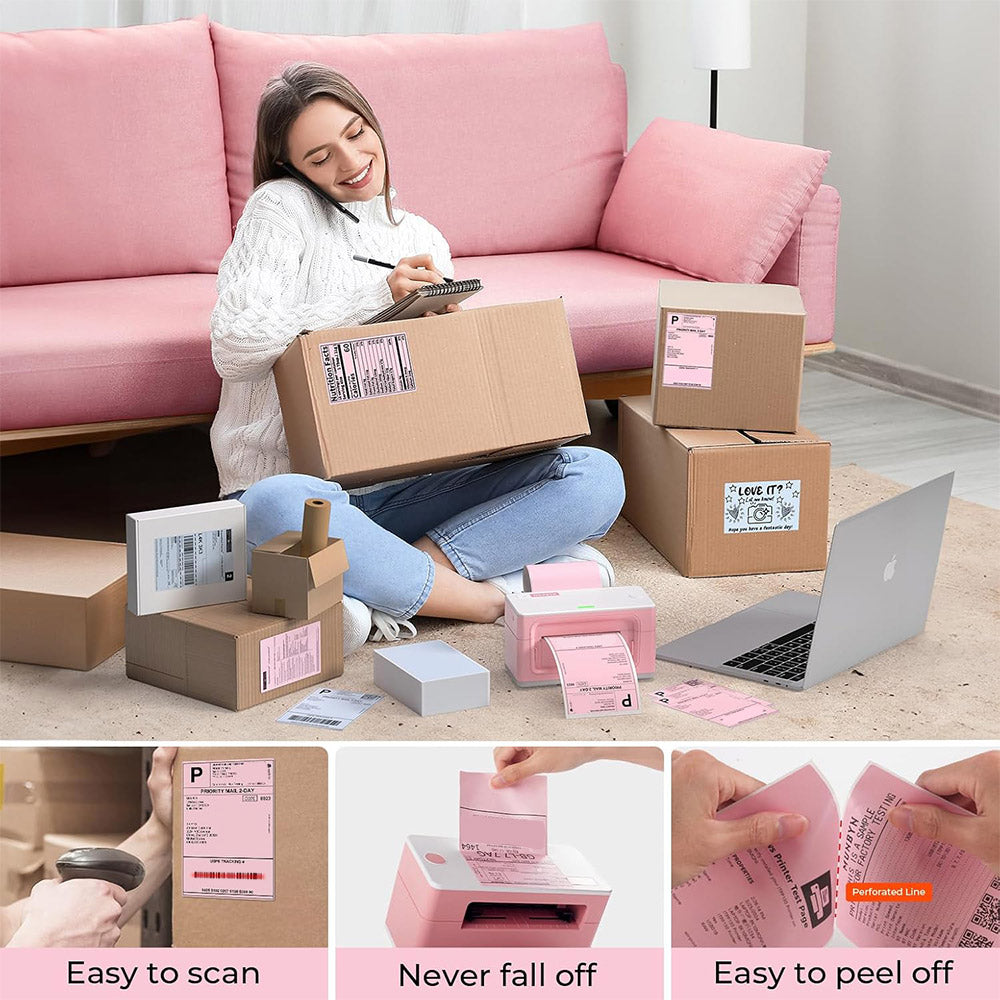 4x6 inch fan-fold labels for label printer paper by MUNBYN CA, showing neatly stacked label sheets ready for printing.