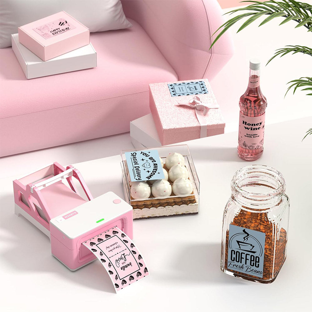 4x6 inch fan-fold labels on MUNBYN CA label printer paper, ideal for shipping and mailing labels.