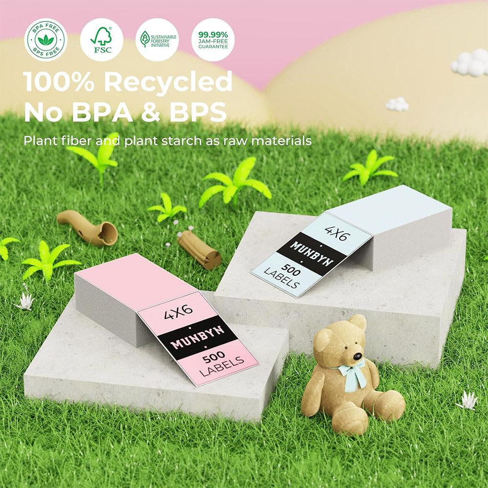 4x6 inch fan-fold labels on label printer paper from MUNBYN CA, ideal for printing shipping or product labels.