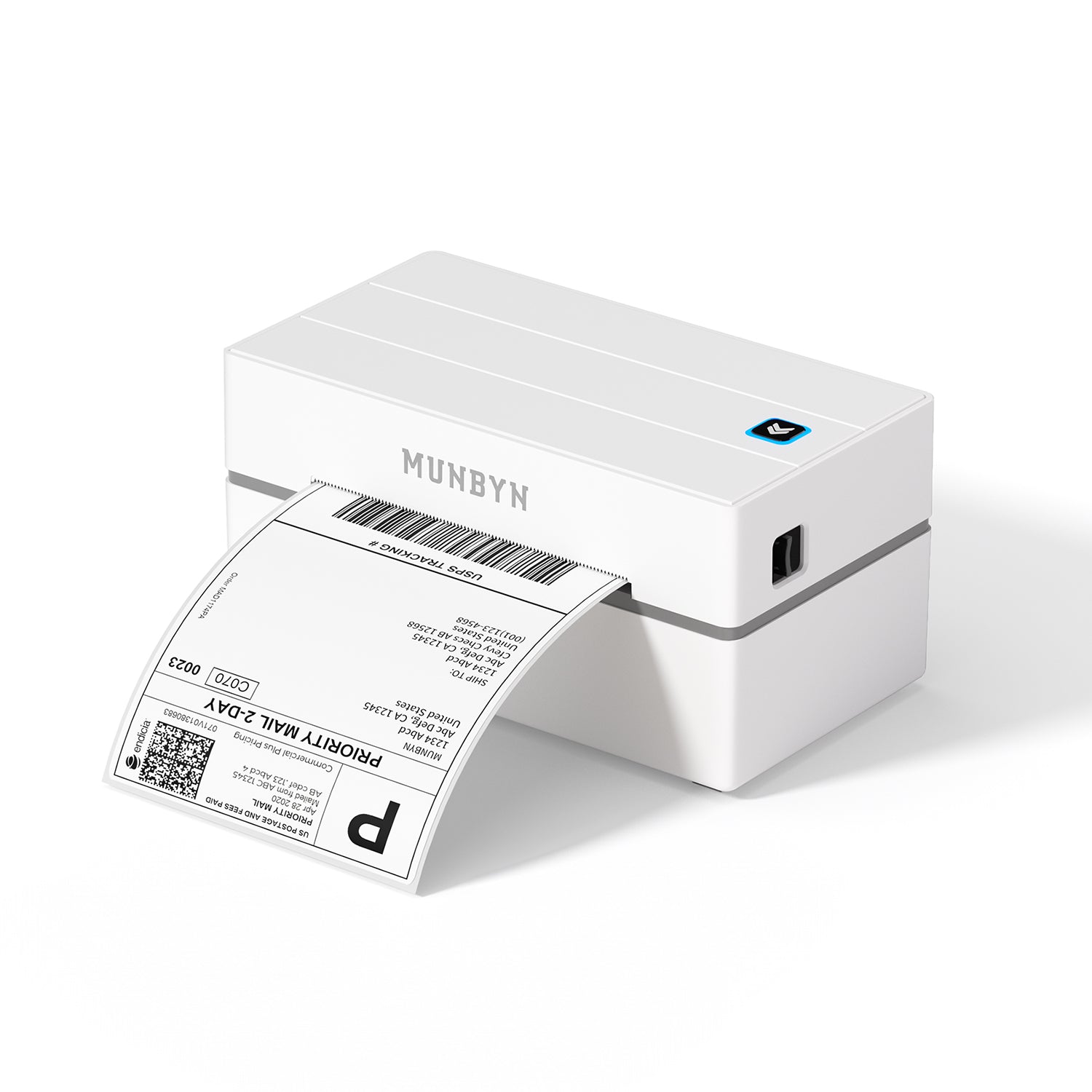 MUNBYN CA RealWriter 130B thermal label printer kit with white printer and labels ready for shipping or office use