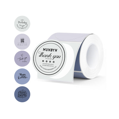 Close-up of MUNBYN 2-inch Morandi Labels on label printer paper, showcasing soft pastel colors and printed label details.