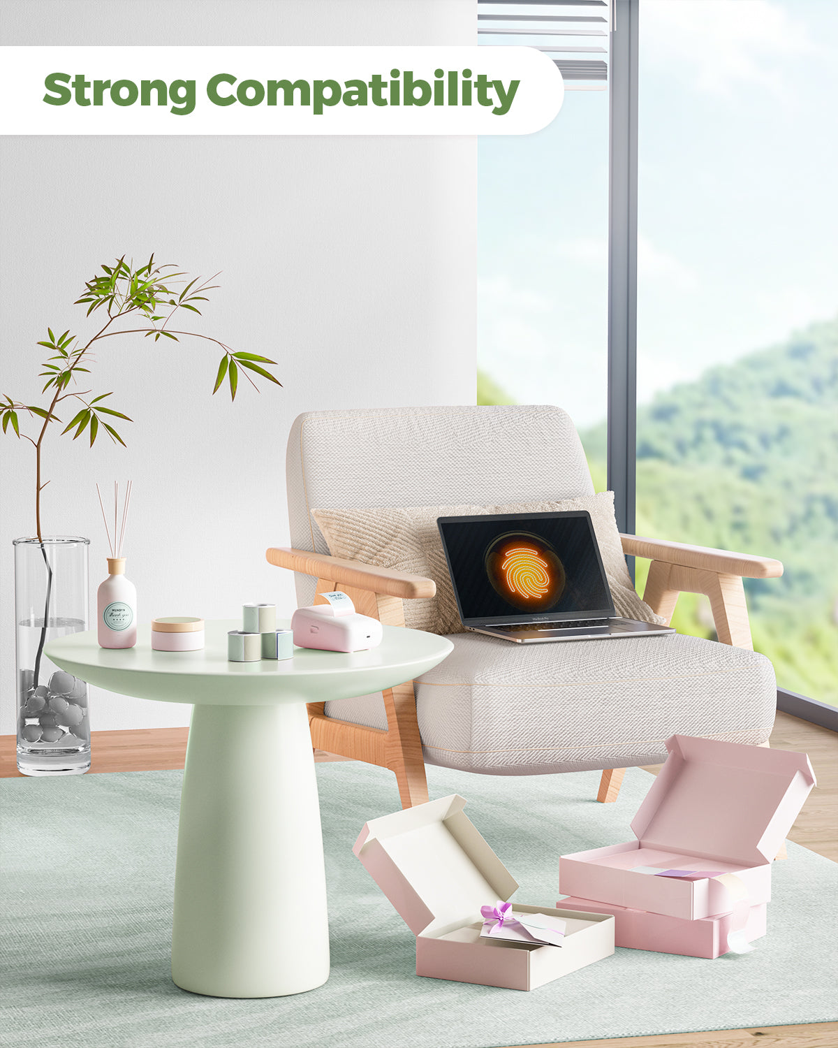 Two Morandi-colored labels on MUNBYN label printer paper, showing a close-up of the printed label design.