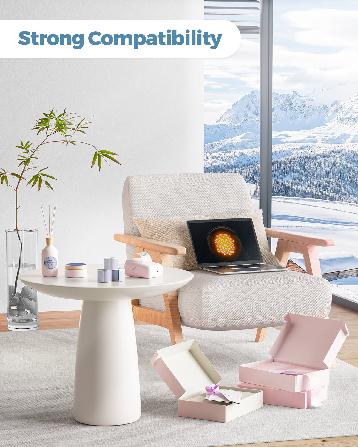 White 2-inch Morandi labels printed on MUNBYN label printer paper showing a sample design.