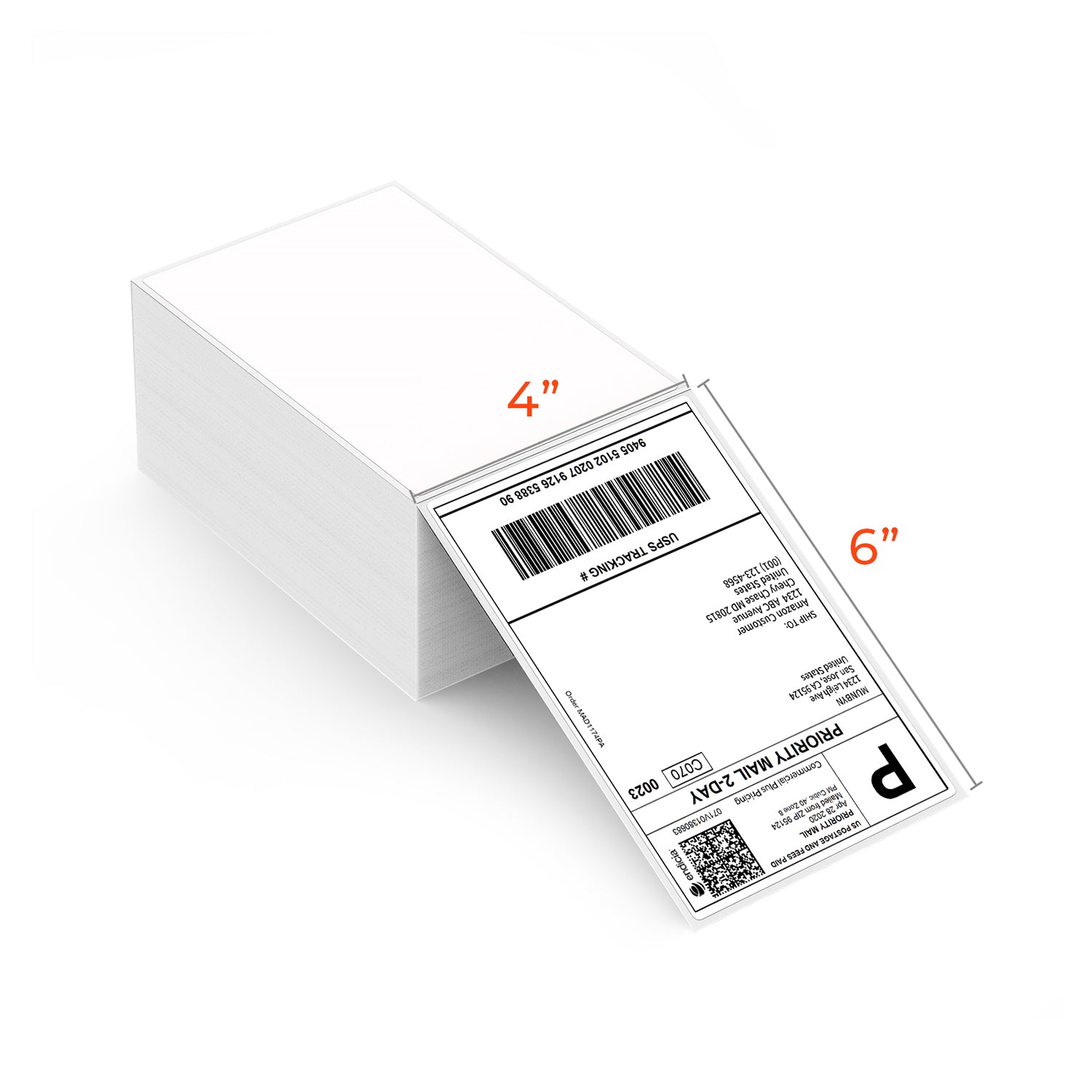 White 4x6 fan-fold labels for label printer paper by MUNBYN CA, shown in a stack ready for printing.