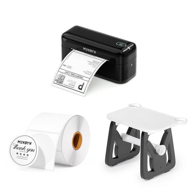 MUNBYN CA RealWriter 402B thermal label printer kit in black with printing on a label roll, compact and professional design.