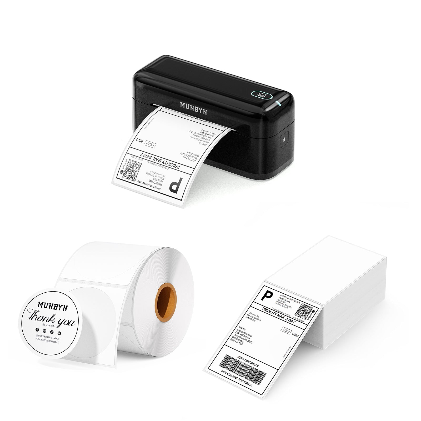 MUNBYN CA RealWriter 402B thermal label printer kit in black with printing sample and accessories visible in the image.