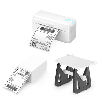 MUNBYN CA RealWriter 402B thermal label printer kit with white printer and accessories for shipping and labeling tasks.