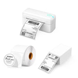 MUNBYN CA RealWriter 402B thermal label printer kit with white printer and labels, designed for efficient label printing.