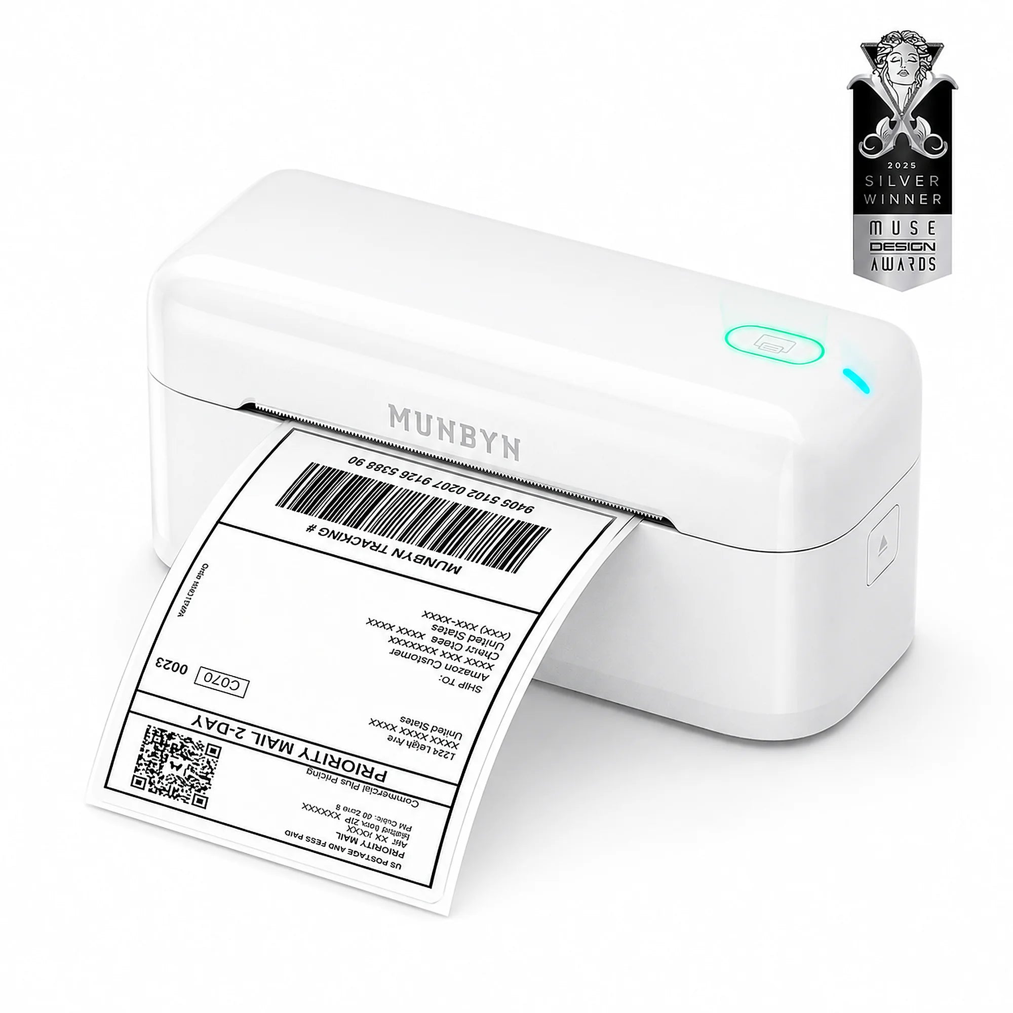 White label printer with a printed label on a white background, featuring the brand 'MUNBYN'.