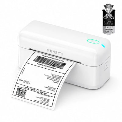 White label printer with a printed label on a white background, featuring the brand 'MUNBYN'.