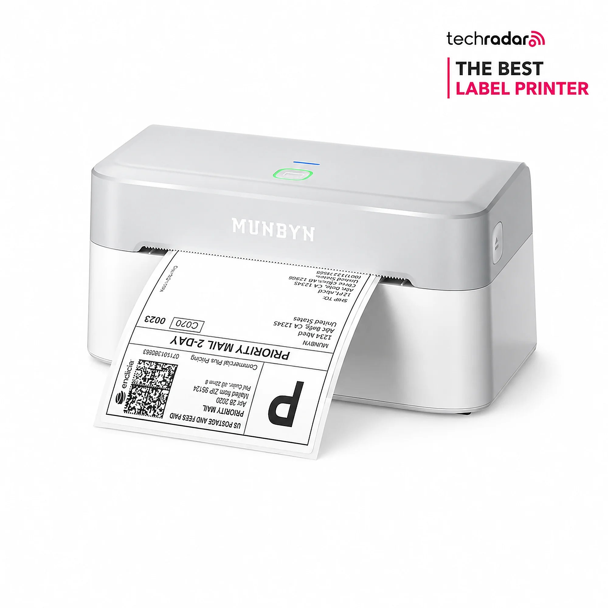 MUNBYN RealWriter 403B thermal label printer with white design and USB connection for printing labels