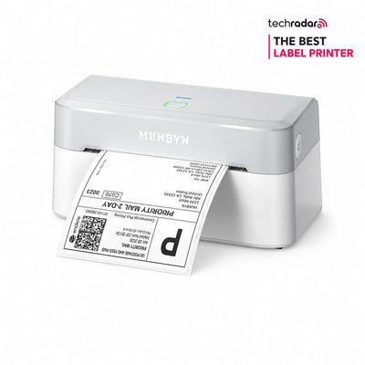 MUNBYN RealWriter 403B thermal label printer with white design and USB connection for printing labels