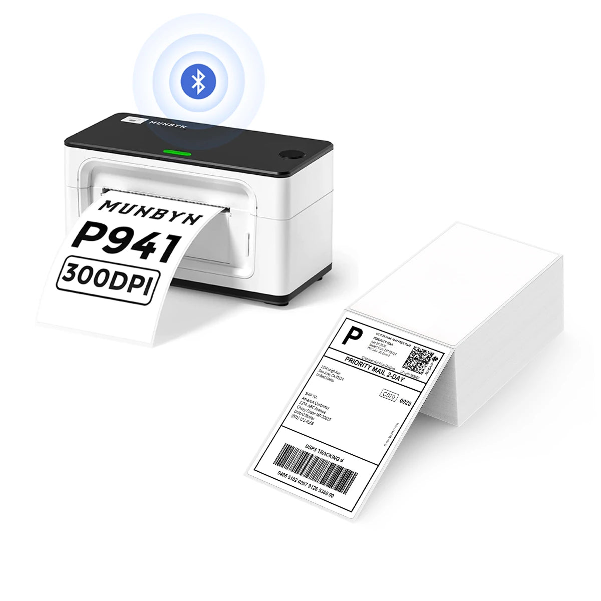 MUNBYN P941B Bluetooth Thermal Label Printer Kit includes a Bluetooth label printer and a stack of shipping labels.
