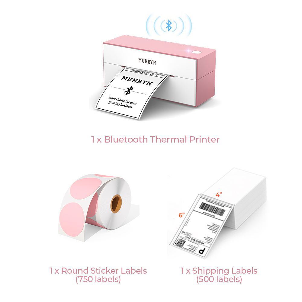 The MUNBYN wireless Bluetooth P129 label printer kit includes a 4x6 pink Bluetooth label printer, a roll of pink circle labels and a stack of 4x6 thermal labels. 