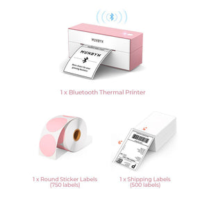 The MUNBYN wireless Bluetooth P129 label printer kit includes a 4x6 pink Bluetooth label printer, a roll of pink circle labels and a stack of 4x6 thermal labels. 