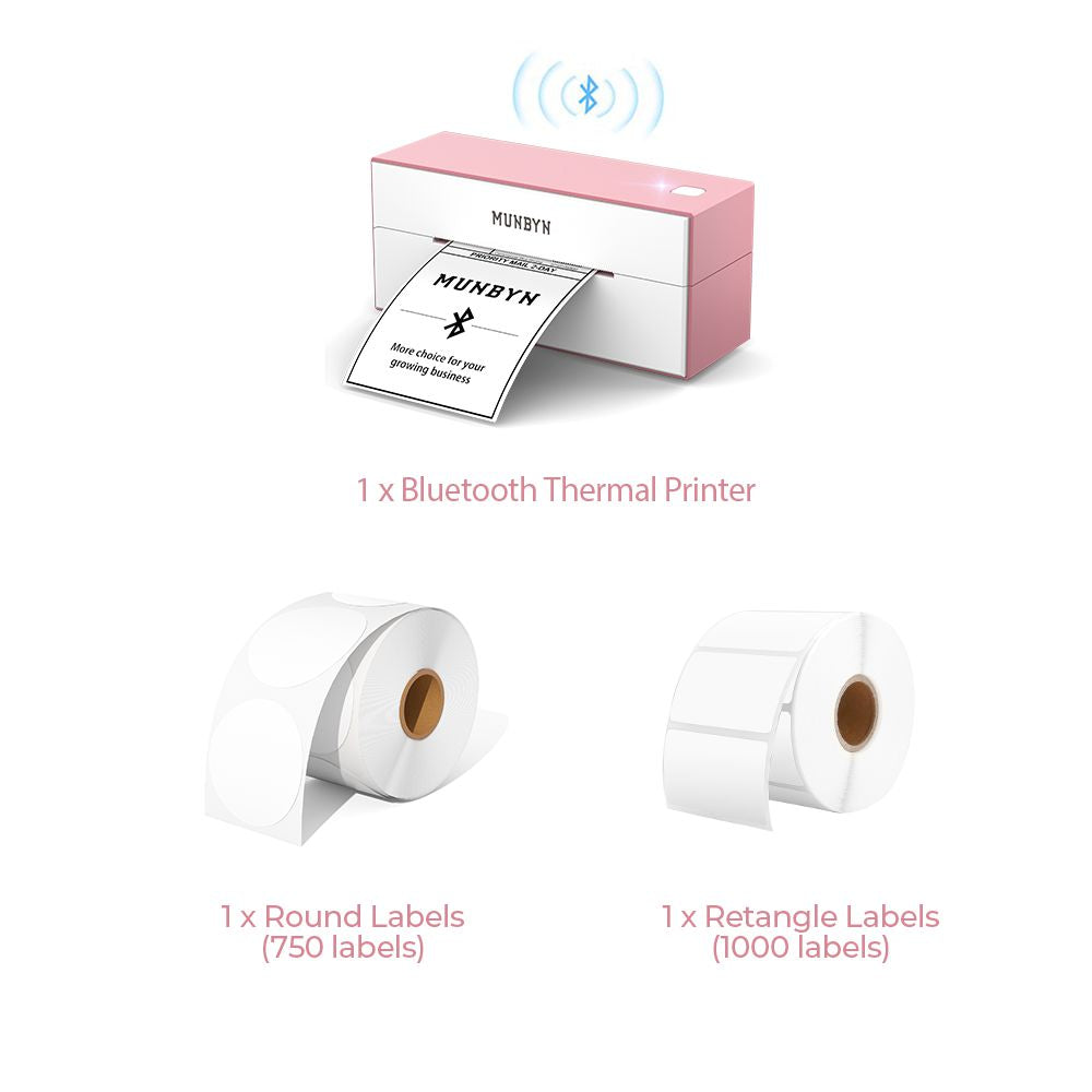 The MUNBYN wireless Bluetooth P129 label printer kit includes a pink Bluetooth label printer, a roll of white rectangular labels and a roll of blank circle labels.