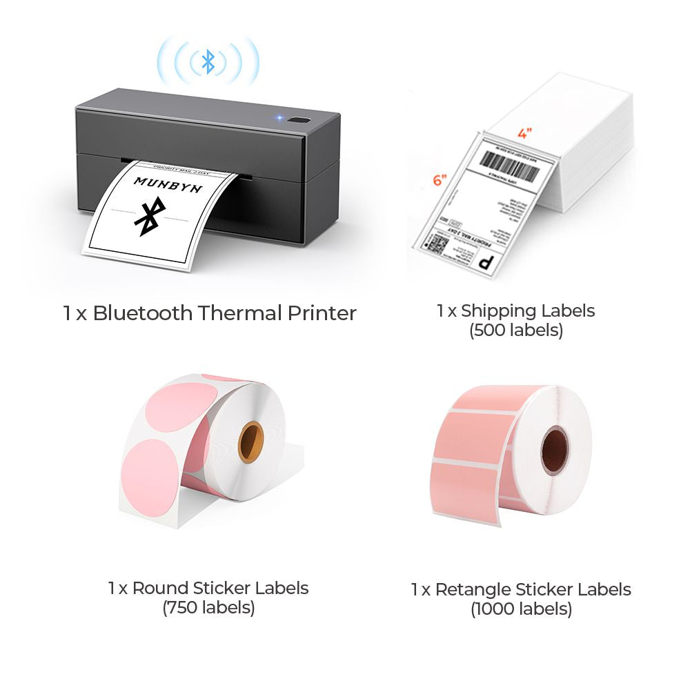 The MUNBYN Bluetooth P129 label printer kit is a comprehensive package that includes a sleek black Bluetooth label printer, as well as a roll of pink rectangular labels, a roll of pink round labels, and a stack of 4x6 thermal labels.