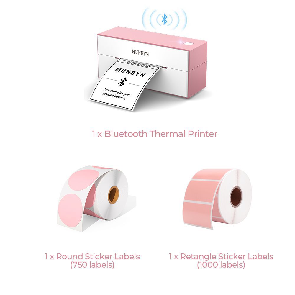 The MUNBYN wireless Bluetooth P129 label printer kit includes a 4x6 pink Bluetooth label printer, a roll of white rectangular labels, and two rolls of pink thermal labels.