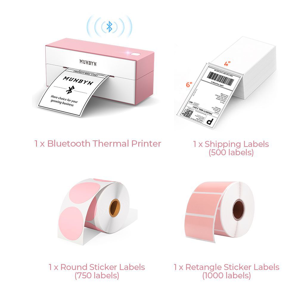 The MUNBYN wireless Bluetooth P129 label printer kit includes a 4x6 pink Bluetooth label printer, a roll of pink rectangle labels, a roll of pink circle labels and a stack of 4x6 thermal labels. 
